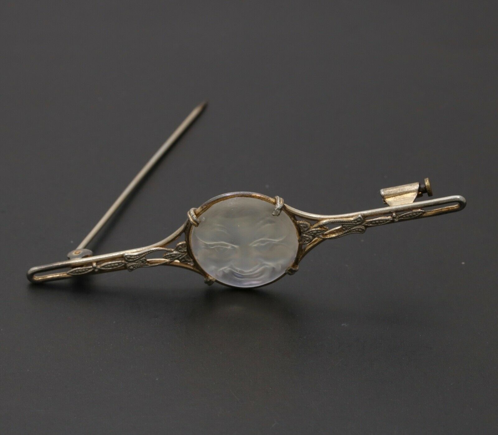 Vintage Man In The Moon Art Glass GF Brooch Pin