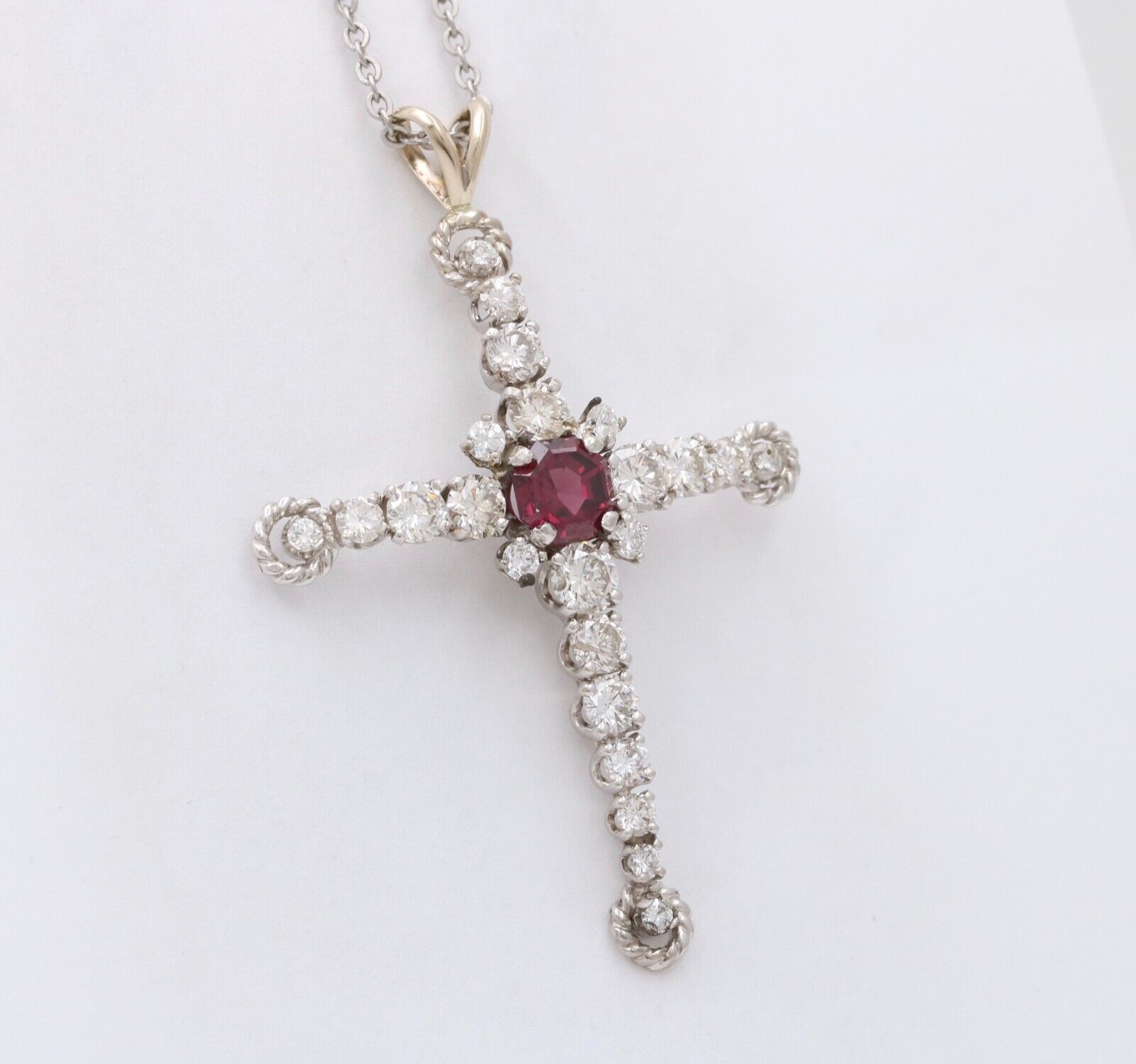 Vintage 10K White Gold Diamond & Rhodolite Garnet Cross Pendant Necklace
