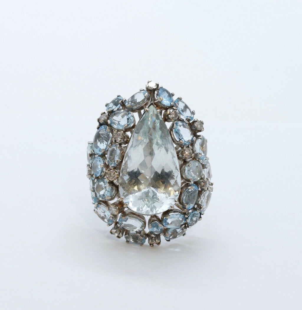 Large Aquamarine Diamonds 18K White Gold Statement Cocktail Ring