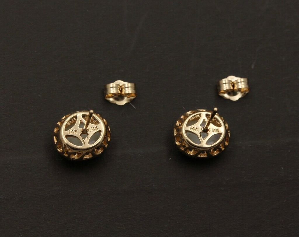 Vintage Estate 14K Yellow Gold Opal With Diamond Halo Stud Earrings.