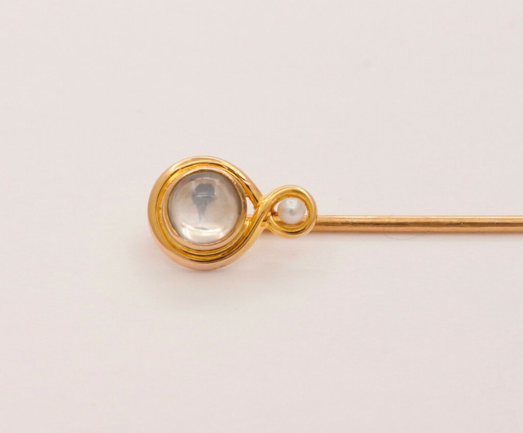 Art Nouveau Moonstone Seed Pearl 14K Yellow Gold Stick Pin