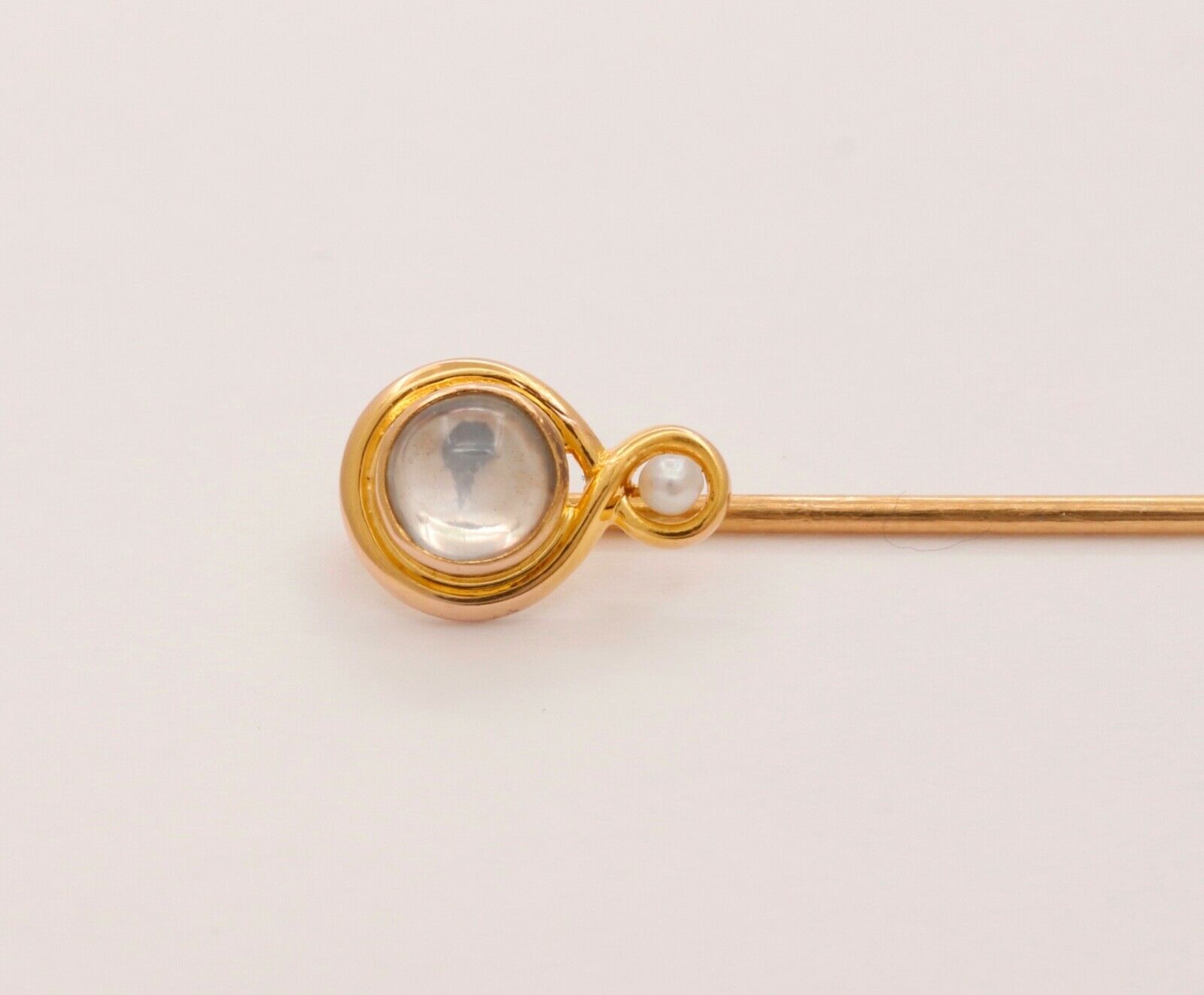 Art Nouveau Moonstone Seed Pearl 14K Yellow Gold Stick Pin