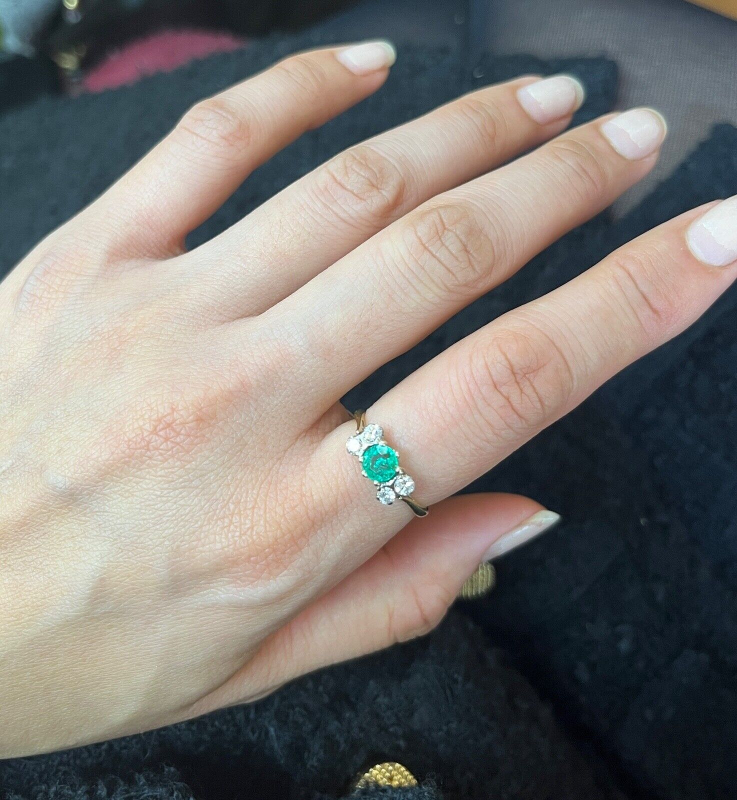 Vintage 18K Yellow Gold Emerald and Diamond Ring, Stacking Ring