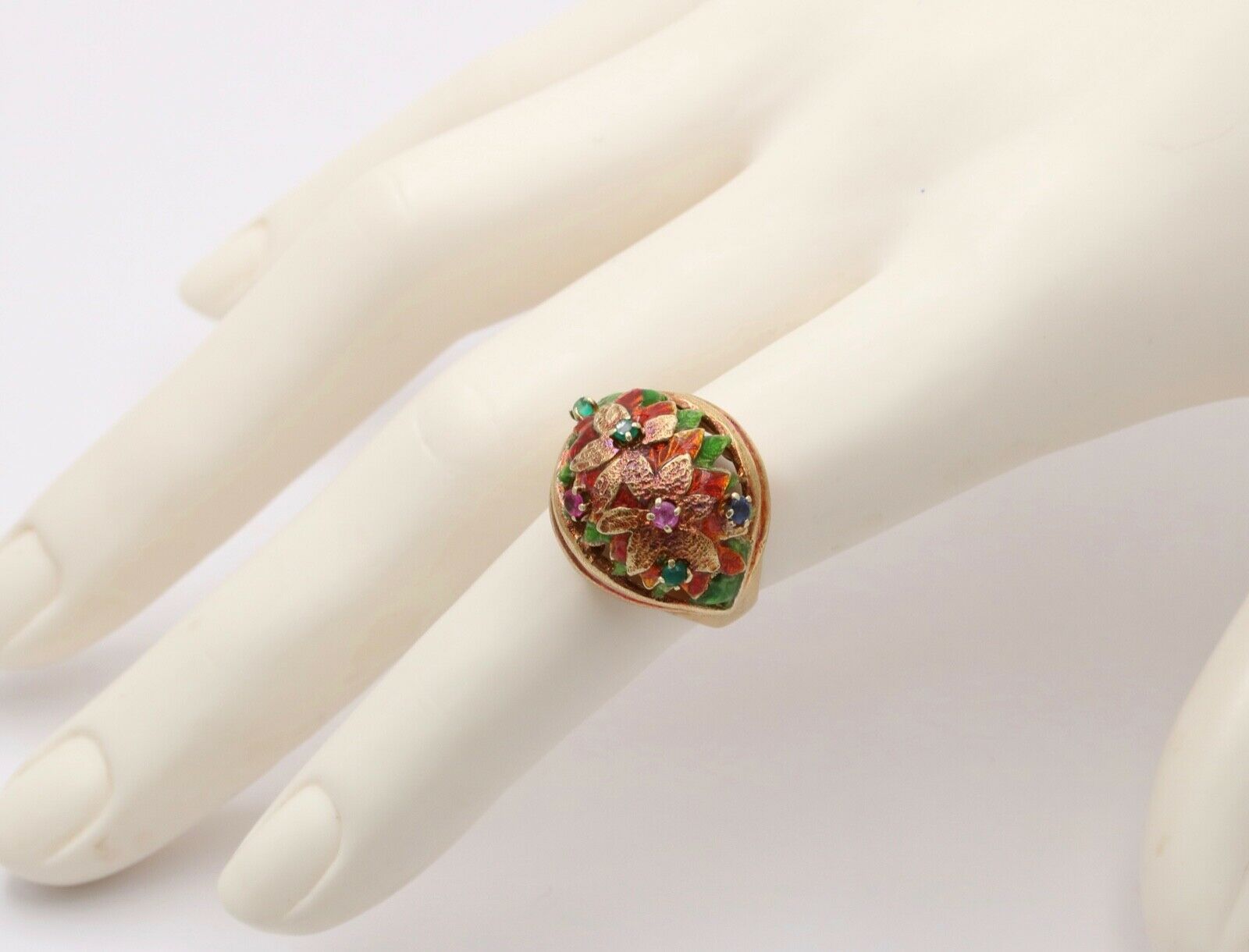 Vintage 14K Yellow Gold Pink Tourmaline, Green Chalcedony and Sapphire Dome Flow