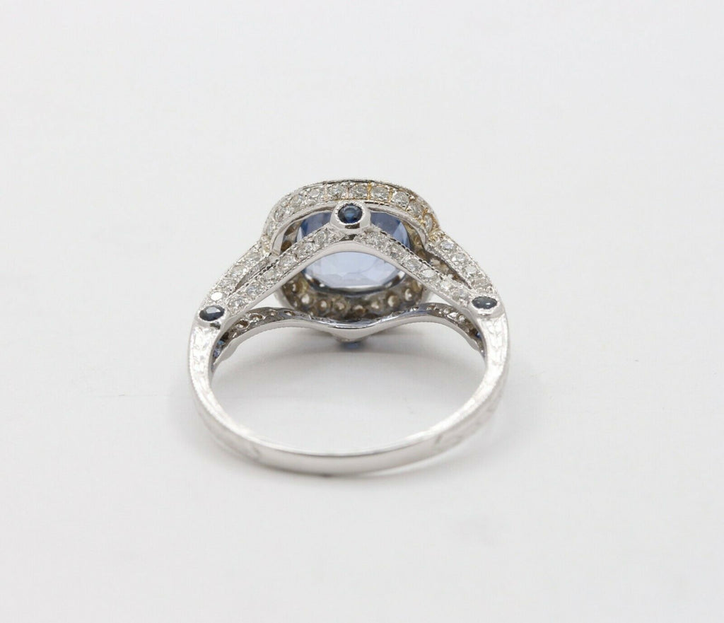 Vintage 18K White Gold Halo Setting Natural Sapphire Diamond Alternative Engagem
