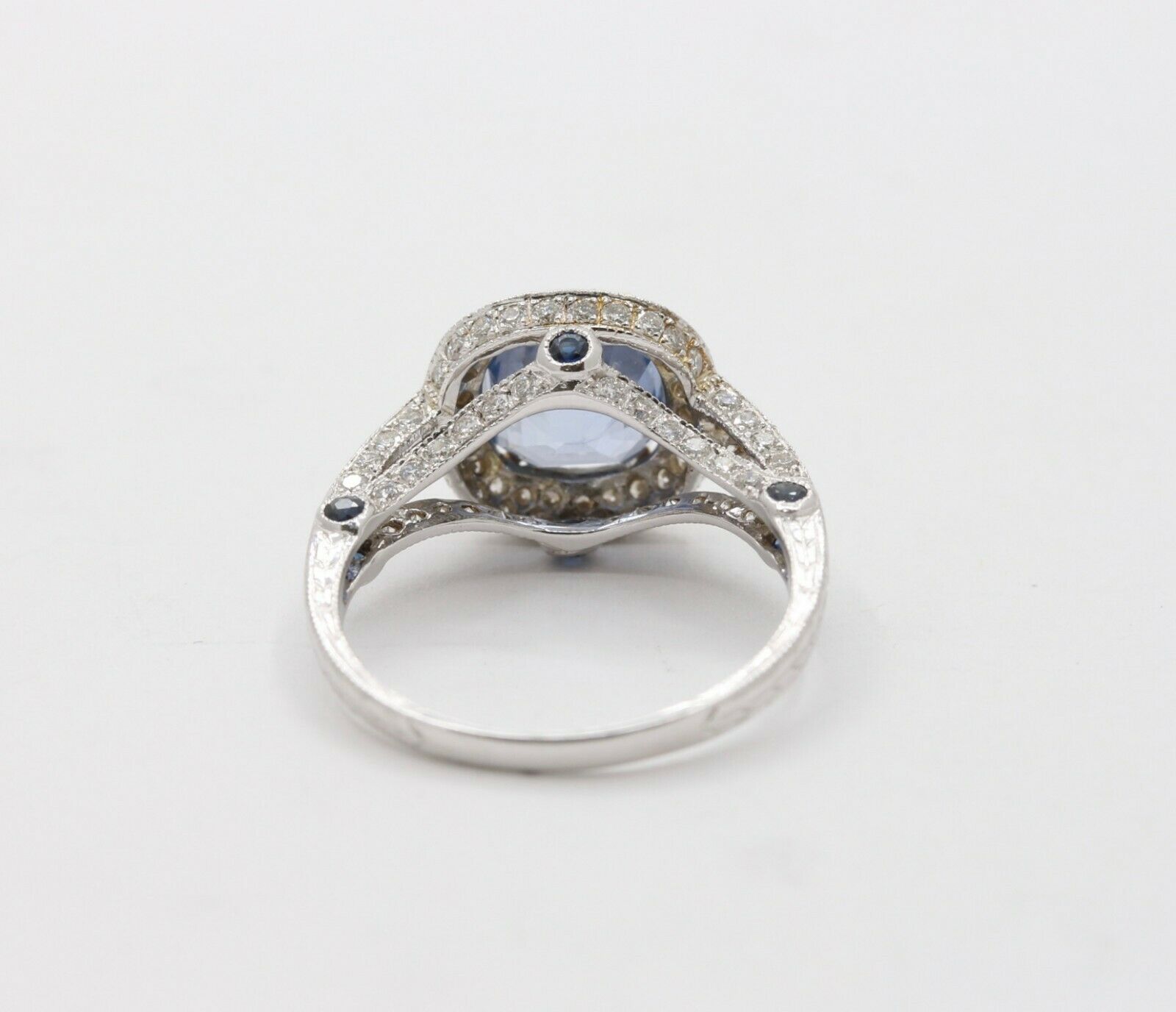 Vintage 18K White Gold Halo Setting Natural Sapphire Diamond Alternative Engagem