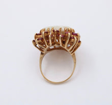 Load image into Gallery viewer, Vintage 14K Gold Heart Opal &amp; Ruby Halo Ring.
