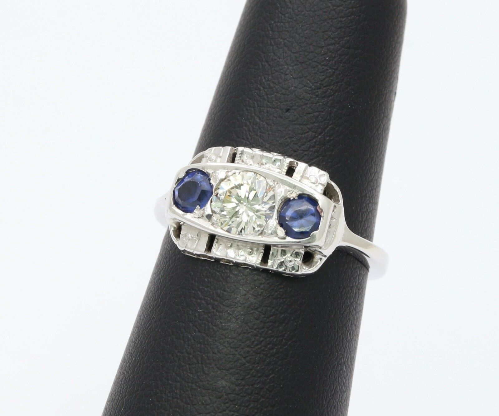 Art Deco Diamond Sapphires 14K White Gold Ring