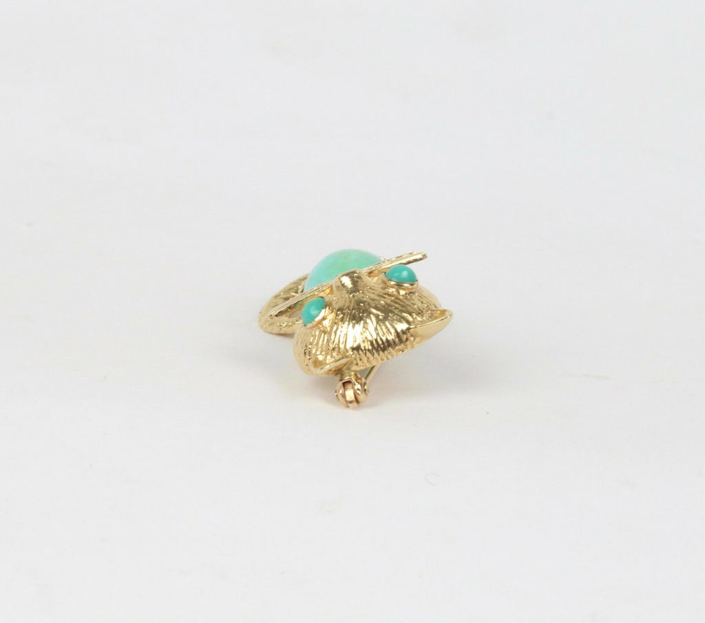 Vintage Turquoise Cat Brooch 14K Yellow Gold