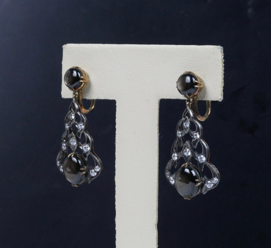 Victorian 14K Yellow Gold and Silver Black Star Sapphire Chandelier Earrings