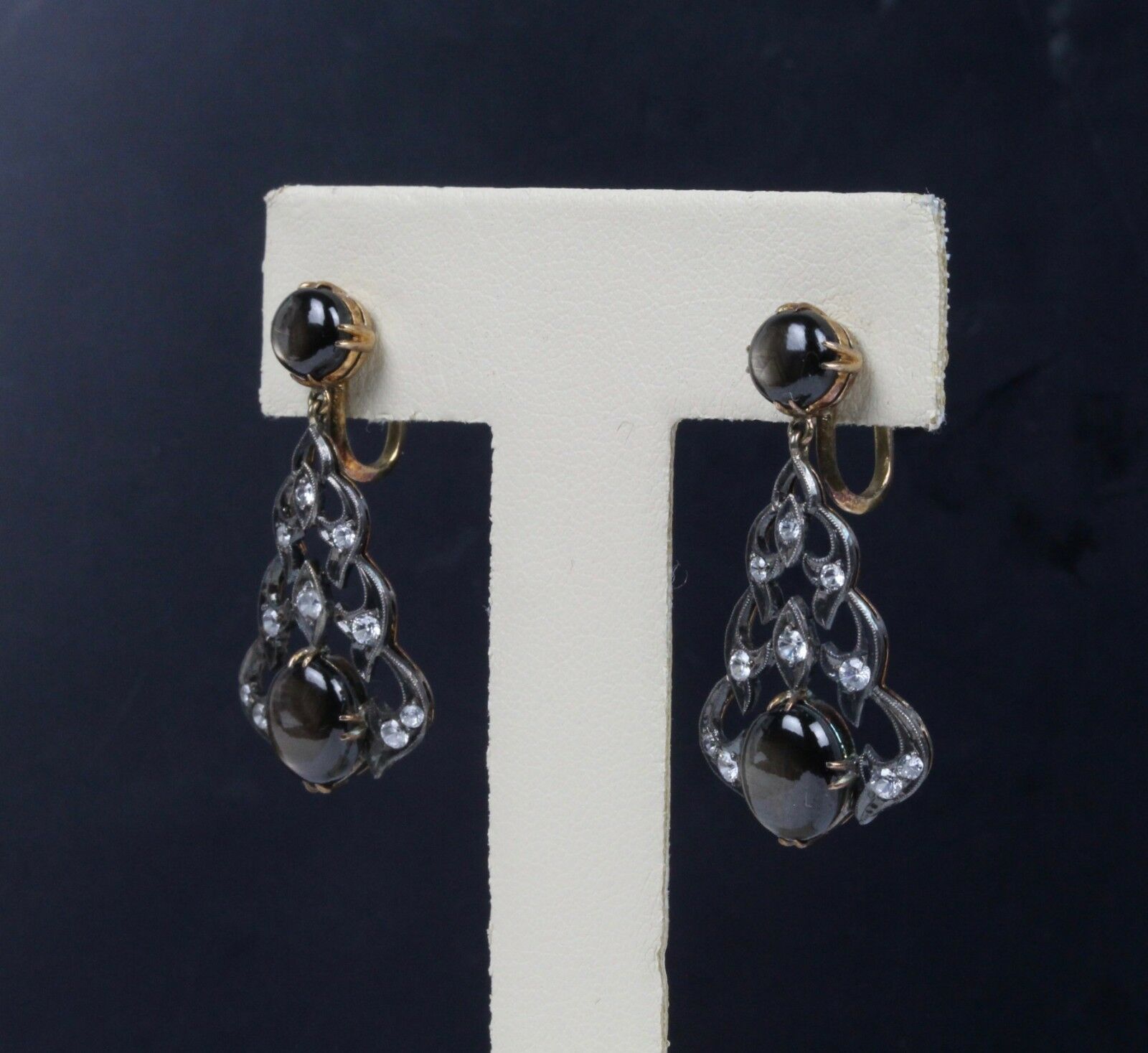 Victorian 14K Yellow Gold and Silver Black Star Sapphire Chandelier Earrings