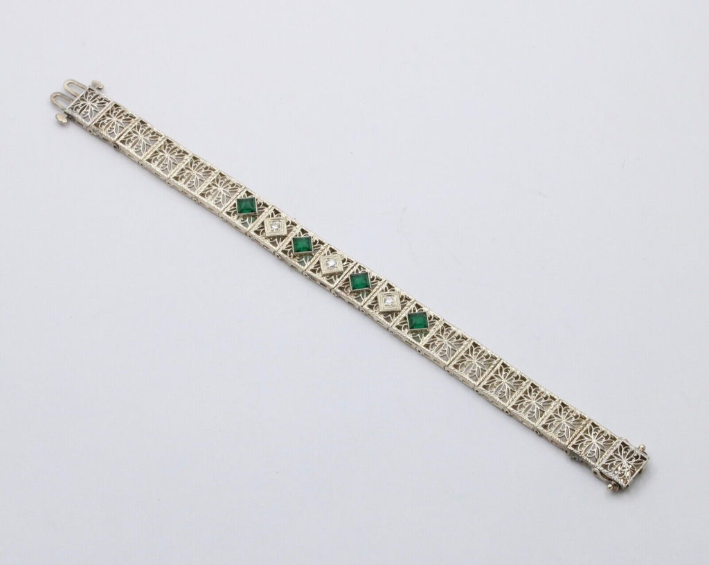 Art Deco Flower Filagree Diamonds Emeralds 14K White Gold Bracelet