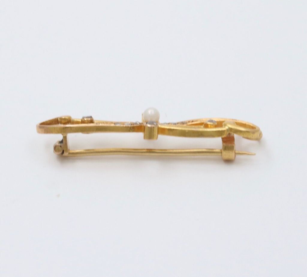 Art Nouveau Rose Cut Diamonds Pearl 14K Yellow Gold Brooch