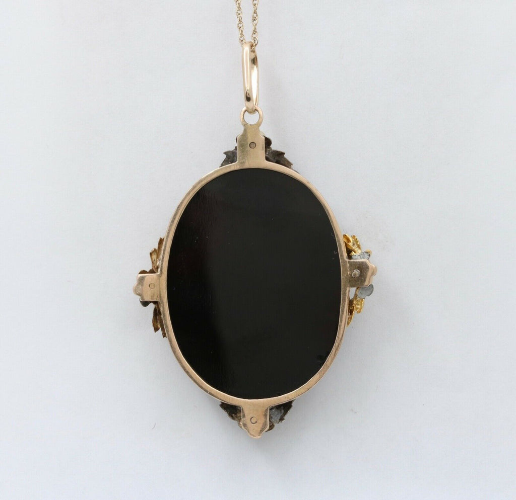 Victorian Cameo Seed Pearls Onyx 14K Yellow Gold Pendant