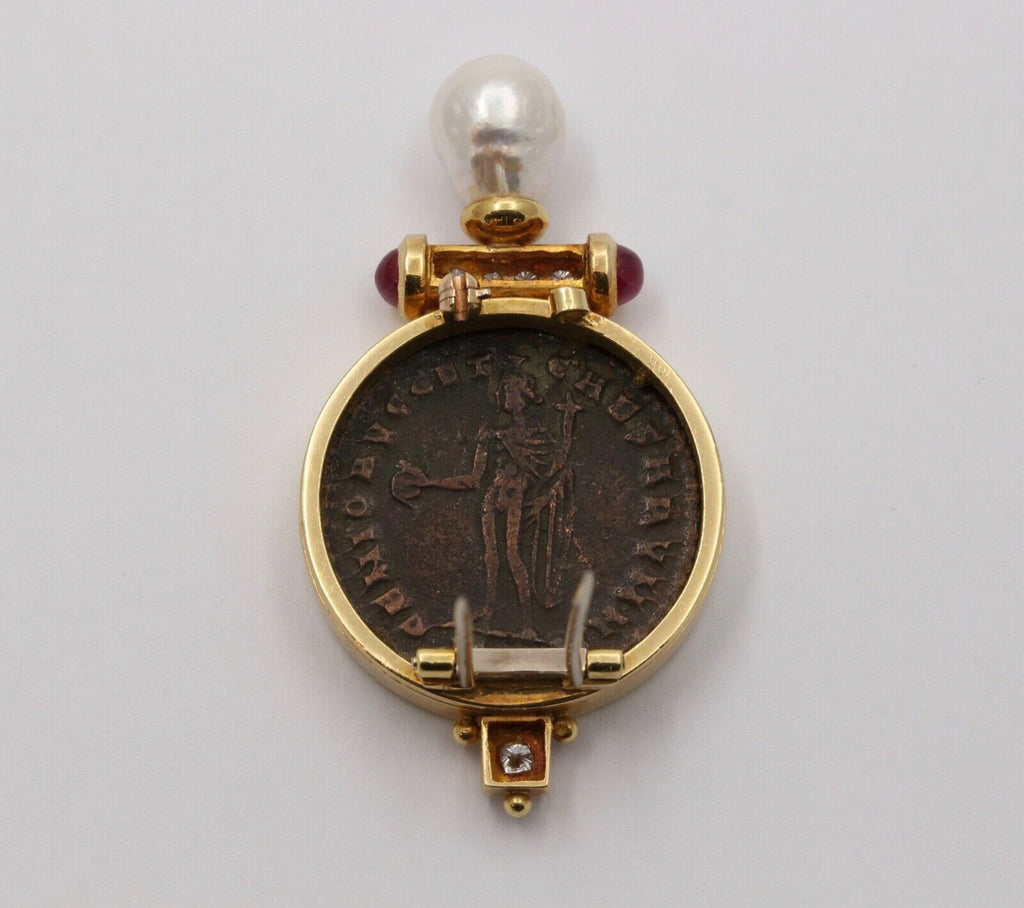 Roman Coin Rubies Diamond Pearl 18K Yellow Gold Brooch Pin