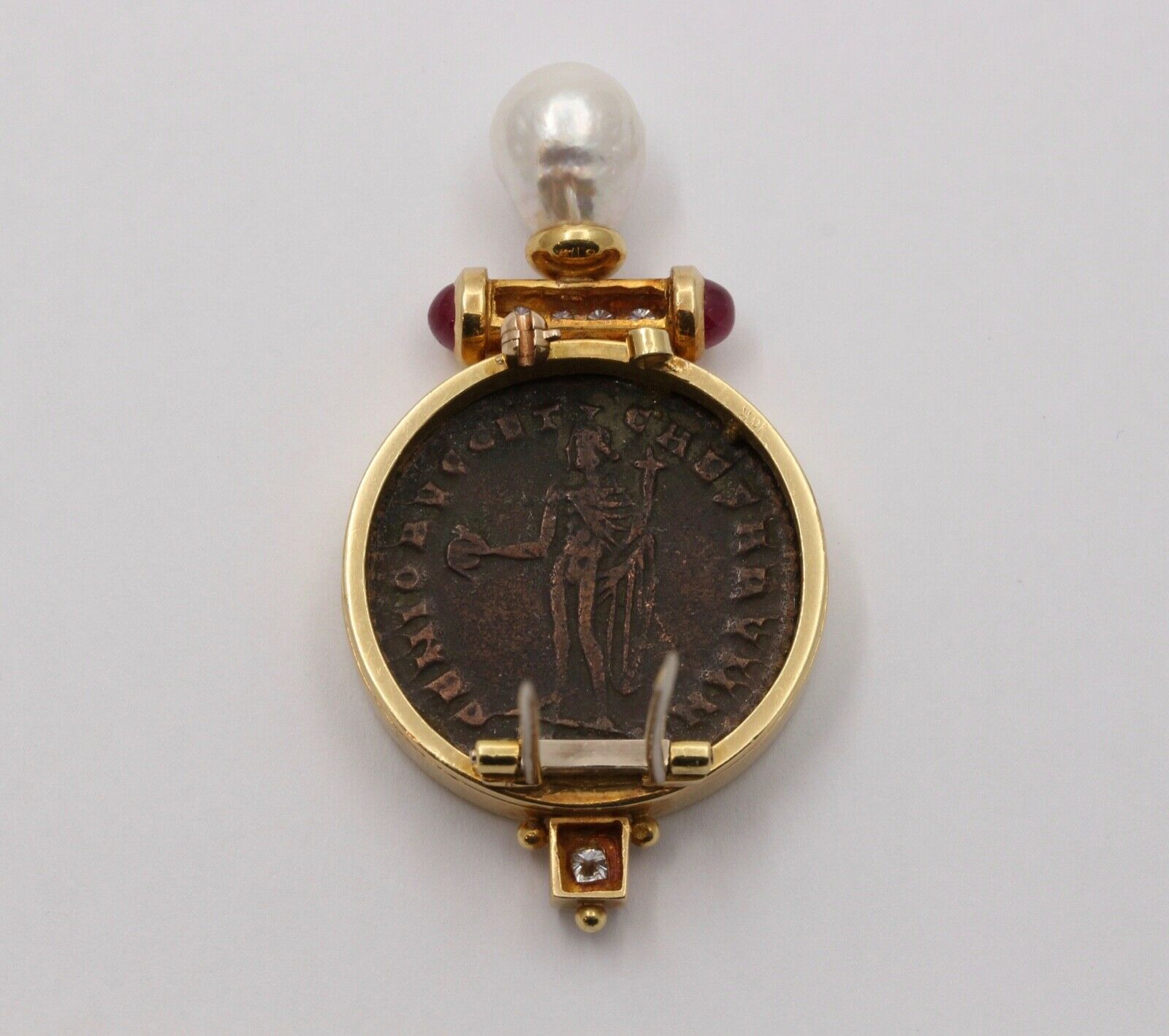 Roman Coin Rubies Diamond Pearl 18K Yellow Gold Brooch Pin