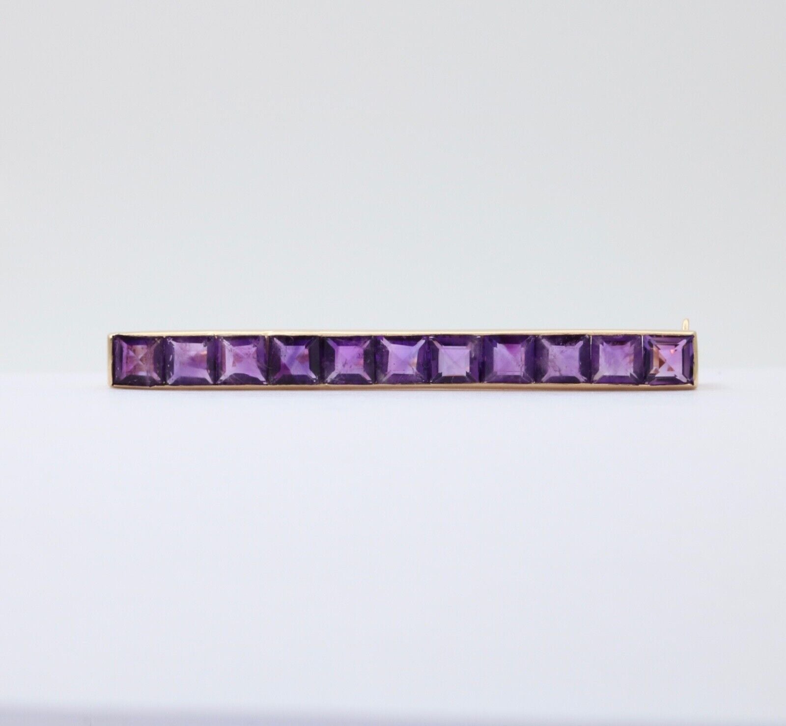 Victorian Emerald Cut Amethyst 14K Yellow Gold Bar Pin Brooch