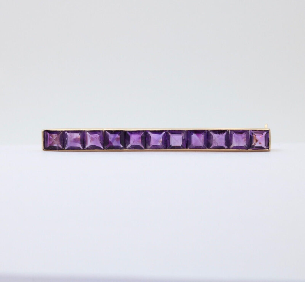 Victorian Emerald Cut Amethyst 14K Yellow Gold Bar Pin Brooch