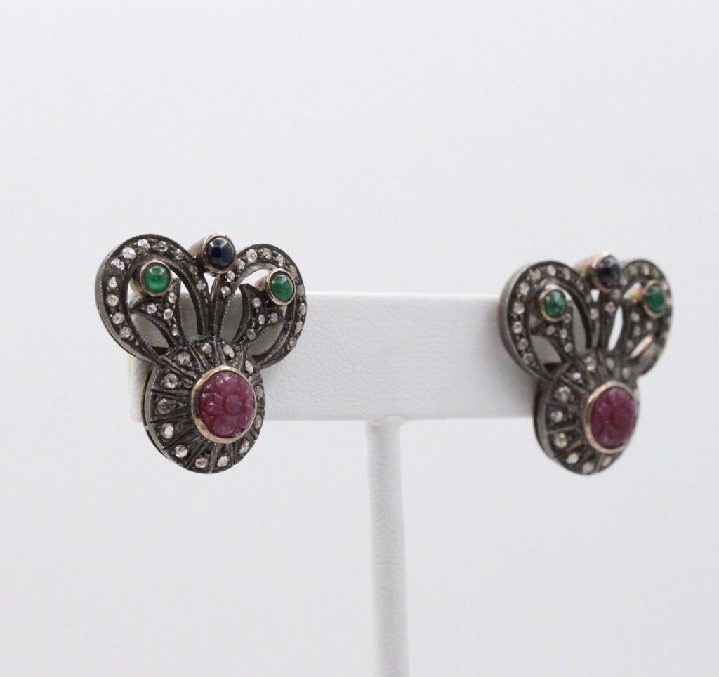 Antique 14K Gold & Silver Diamond, Ruby, Emerald and Sapphire Earrings