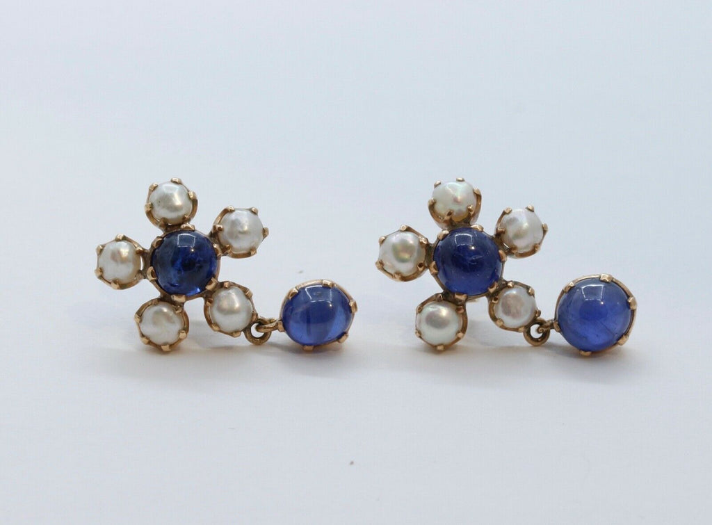 Beautiful Cabochon Sapphires Cultured Pearl 14K Yellow Gold Earrings