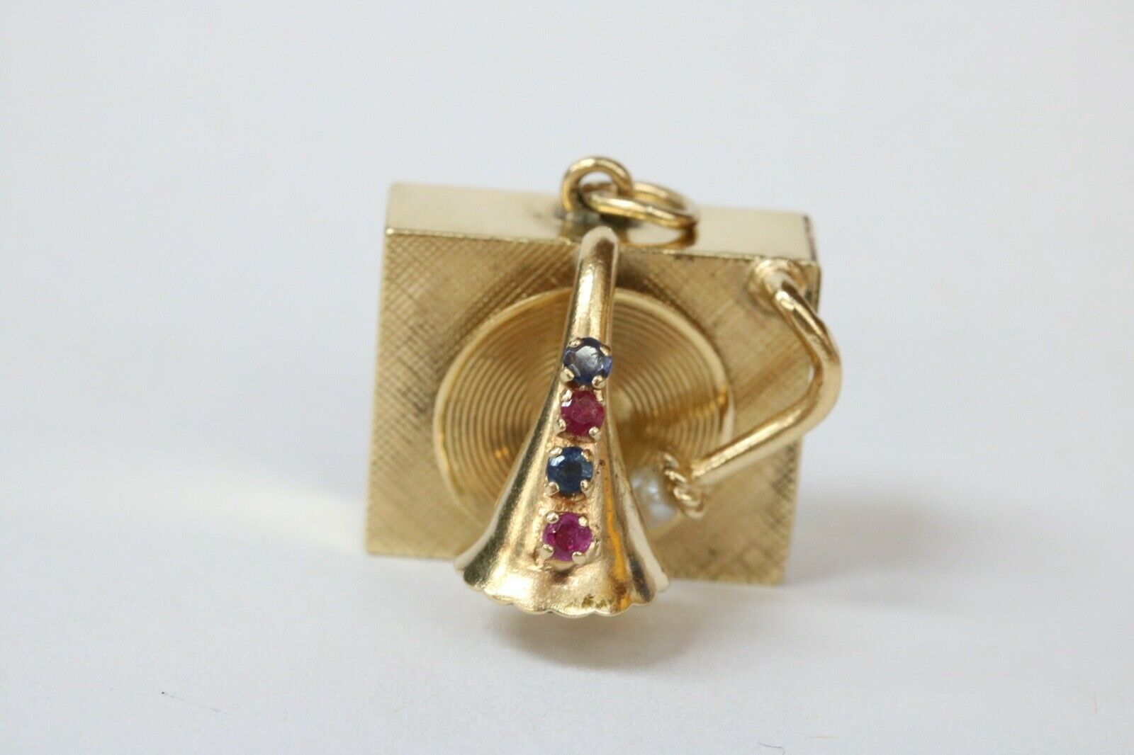 Rare Vintage Phonograph 14K Yellow Gold RubIes Sapphires Pearls Pendant Charm