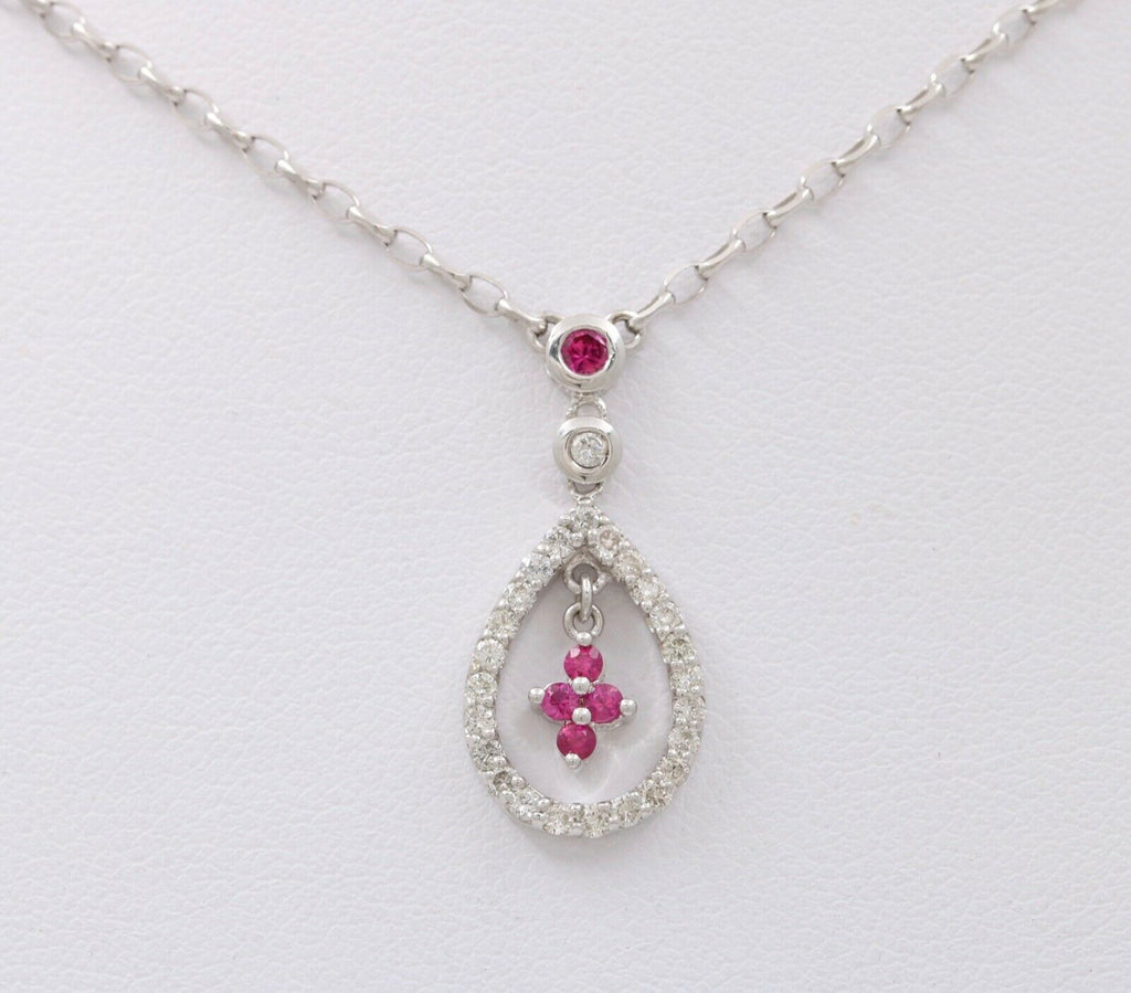 Elegant 18K White Gold Tear Drop Diamond & Ruby Pendant Necklace
