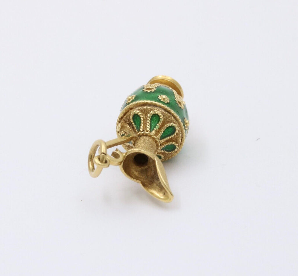 Vintage 18K yellow Gold Green Enamel European Jug Pitcher Charm Pendant.