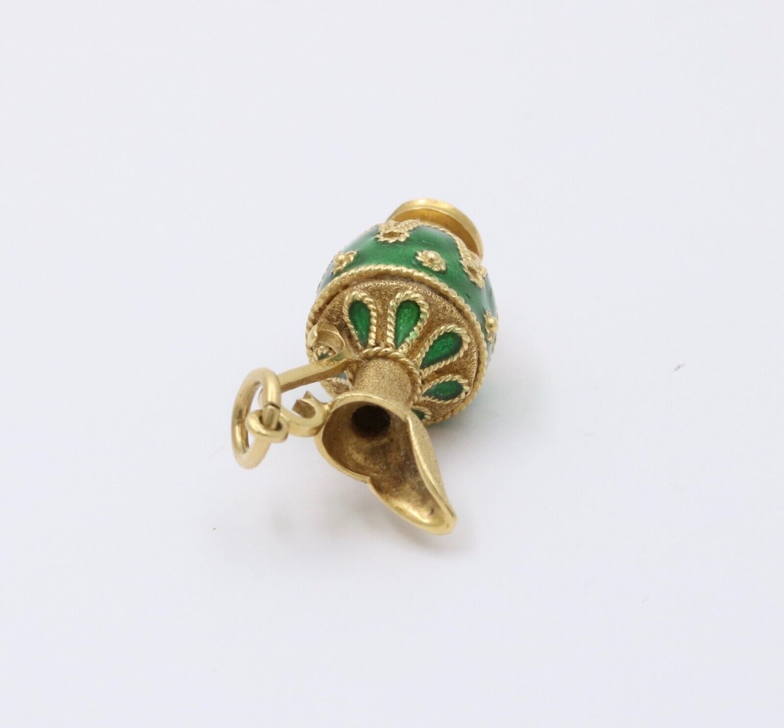 Vintage 18K yellow Gold Green Enamel European Jug Pitcher Charm Pendant.
