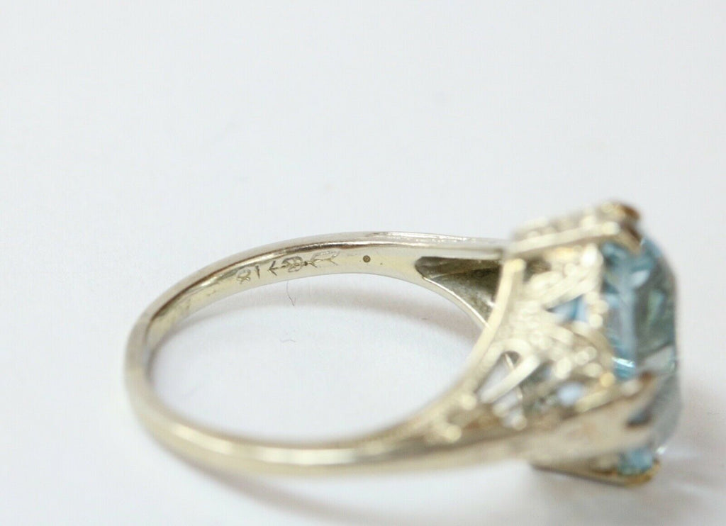Art Deco 18K White Gold Synthetic Aquamarine Ring