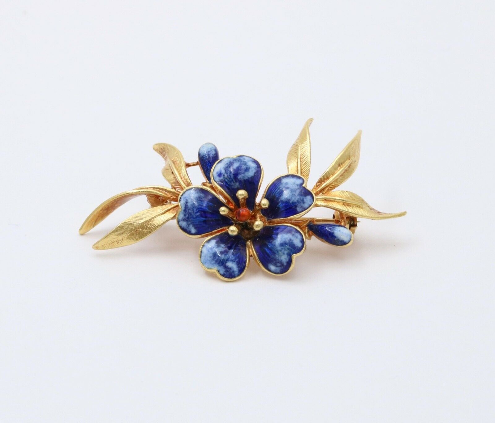 Vintage UNO A ERRE 18K Yellow Gold Blue Enamel Flower Brooch Pin Estate Jewelry