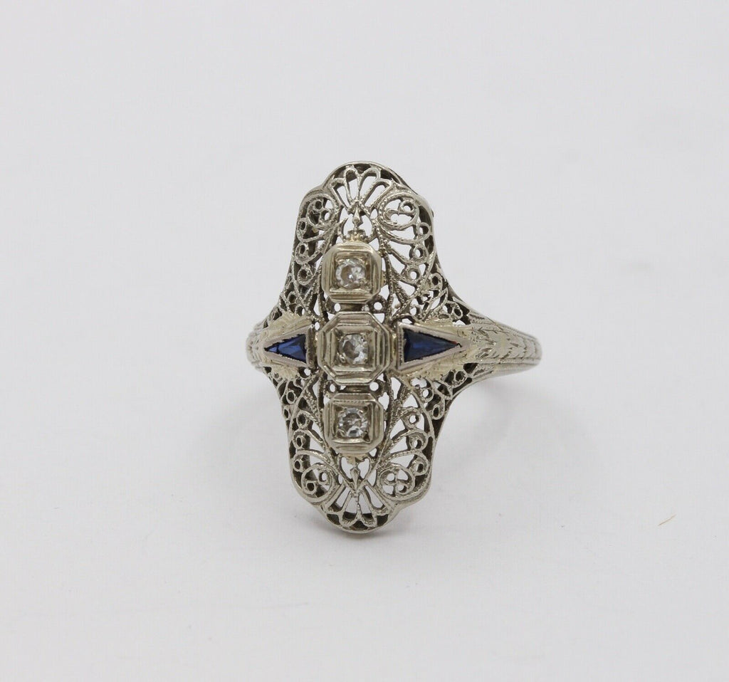 Art Deco 18K White Gold Diamonds Sapphires Ring