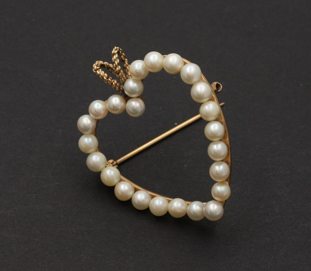 Vintage Heart 14K Yellow Gold Pearls Brooch Pendant