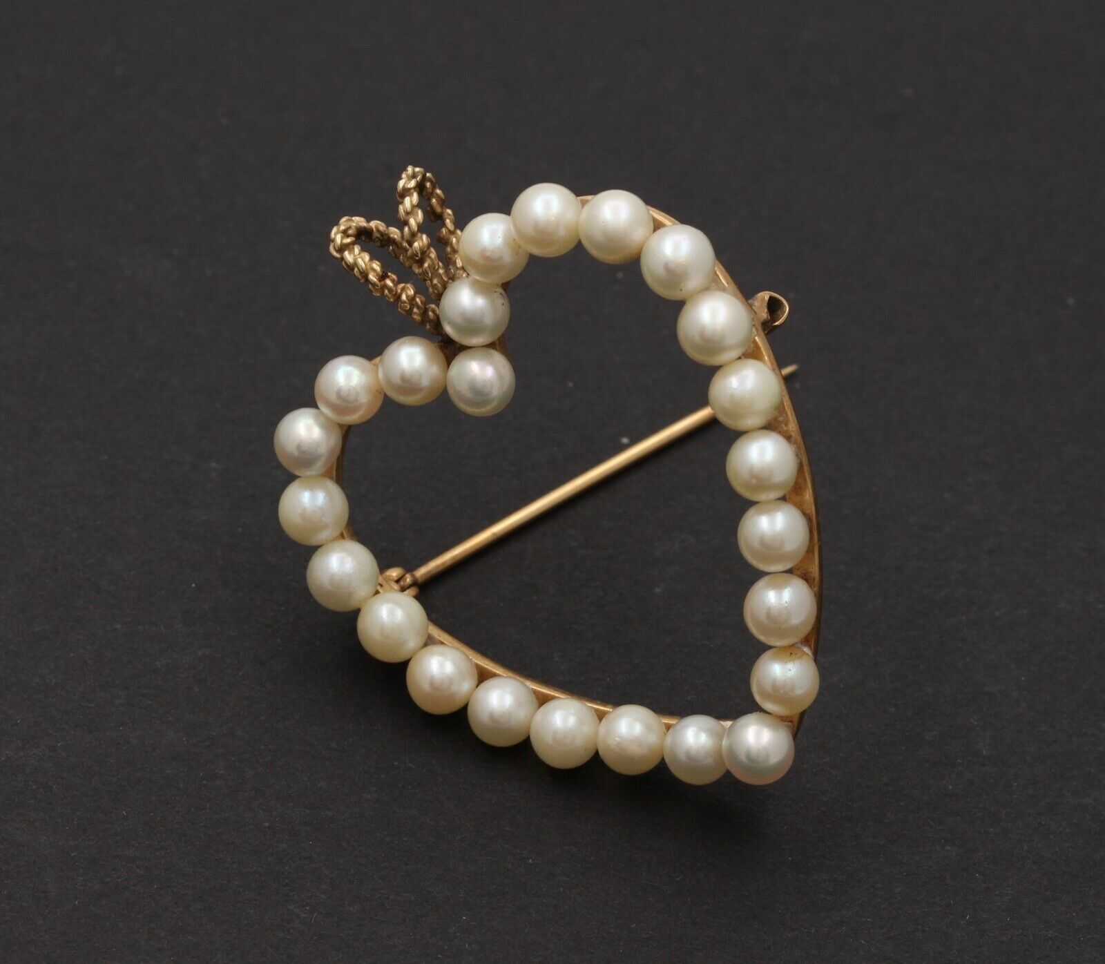 Vintage Heart 14K Yellow Gold Pearls Brooch Pendant
