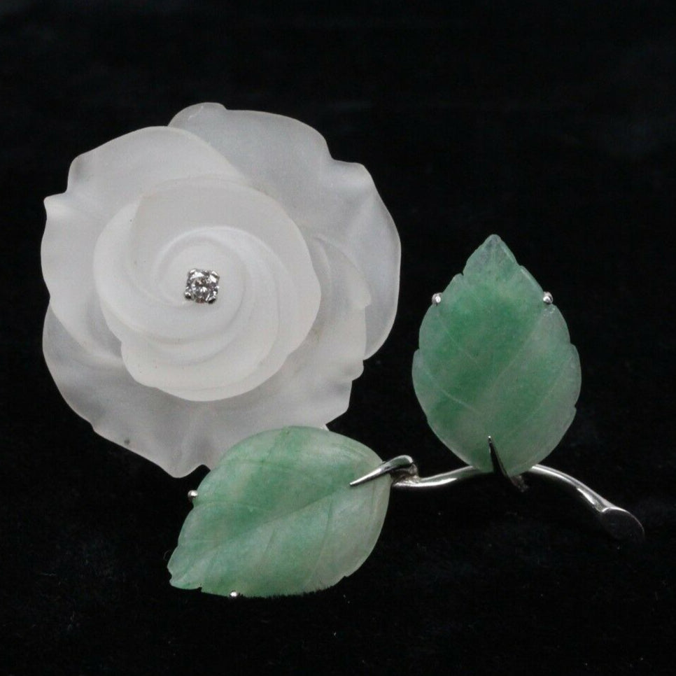 Vintage 14K White Gold Diamond & Jade Carved Rock Crystal Rose Brooch