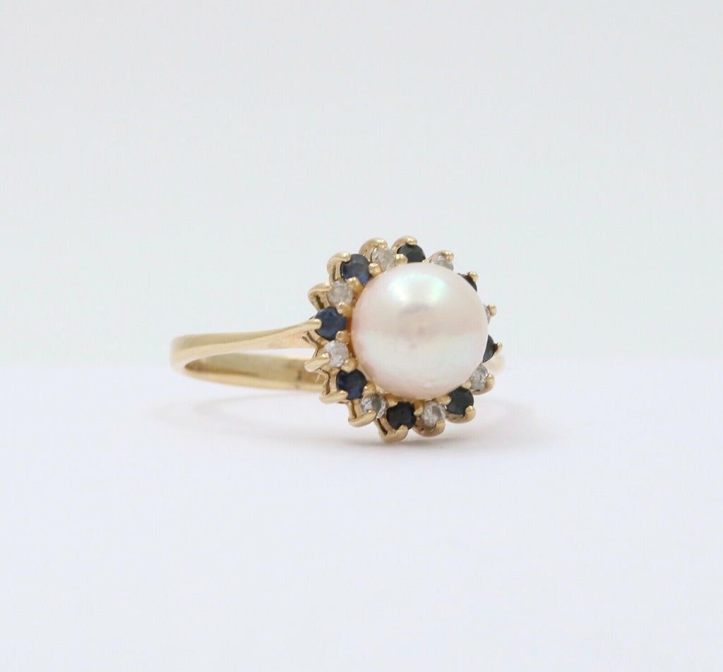 Vintage Pearl Sapphires Diamonds Cluster 14K Yellow Gold Ring