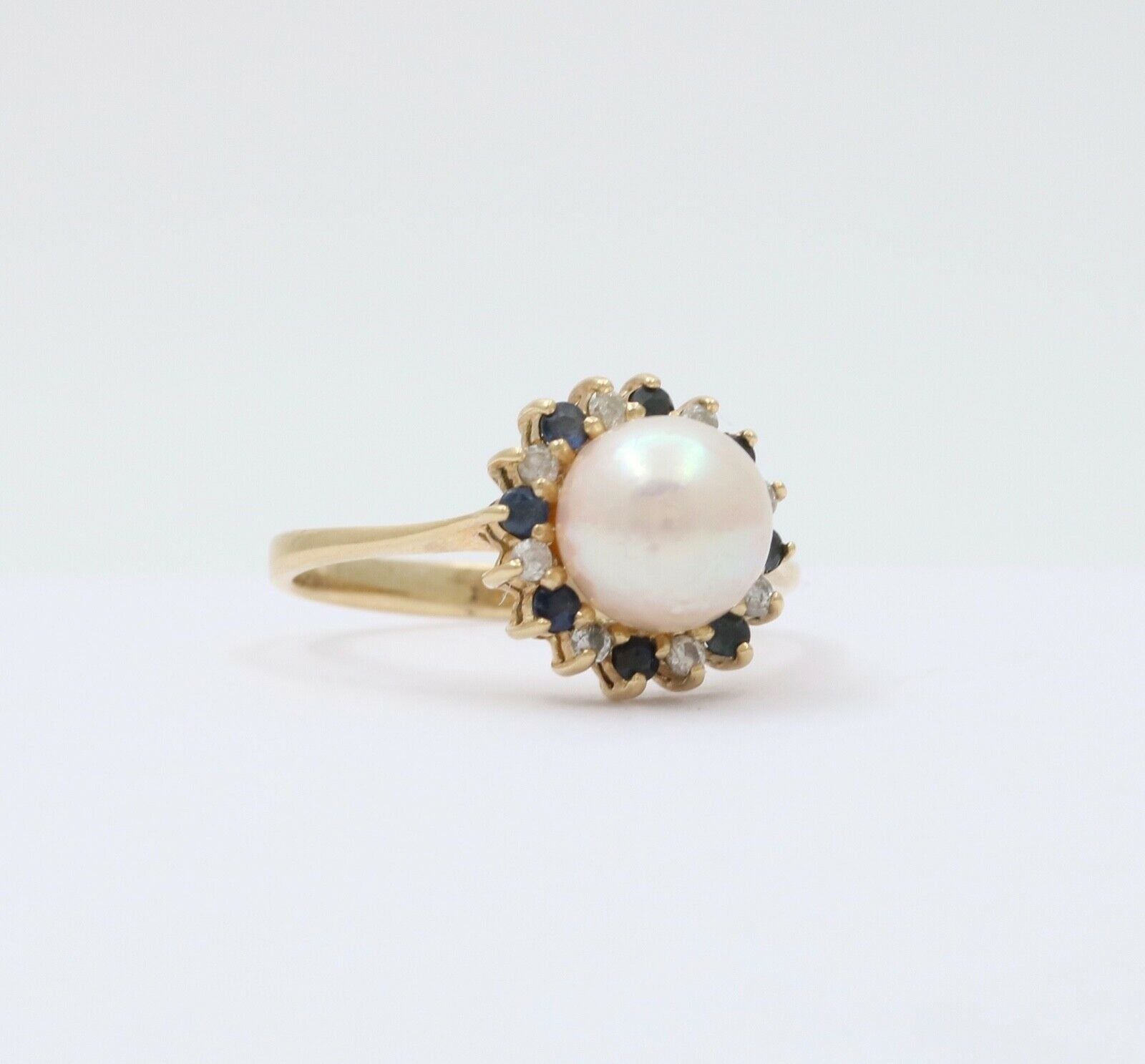 Vintage Pearl Sapphires Diamonds Cluster 14K Yellow Gold Ring