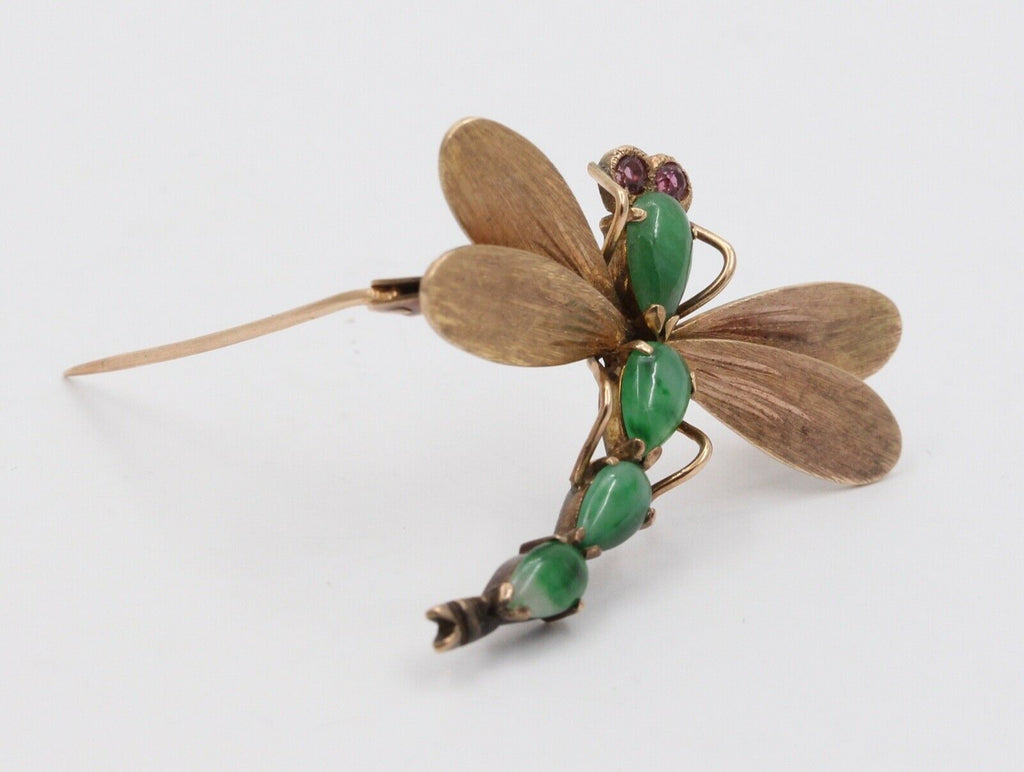 Vintage 14K Yellow Gold Jade Rubies Dragonfly Brooch Pin