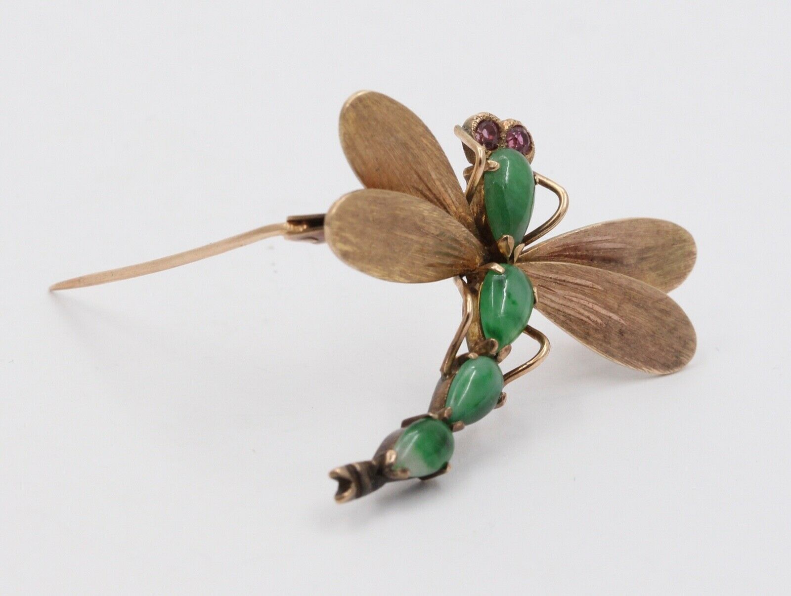 Vintage 14K Yellow Gold Jade Rubies Dragonfly Brooch Pin