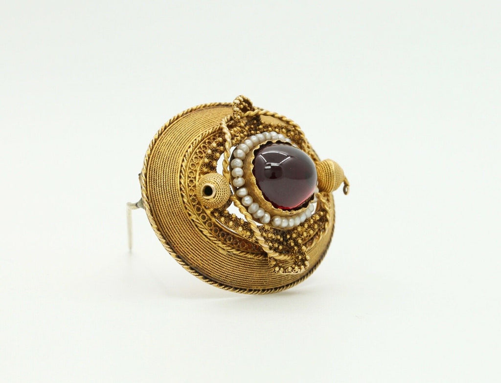 Truly Beautiful and Excellent Cond Victorian 14K Garnet Pearls Brooch Pendant