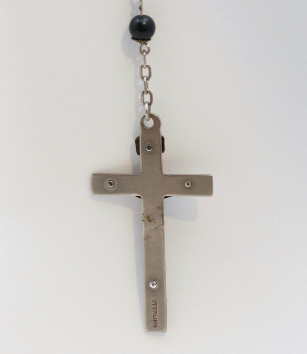 Vintage Sterling Silver Wood Beads Rosary