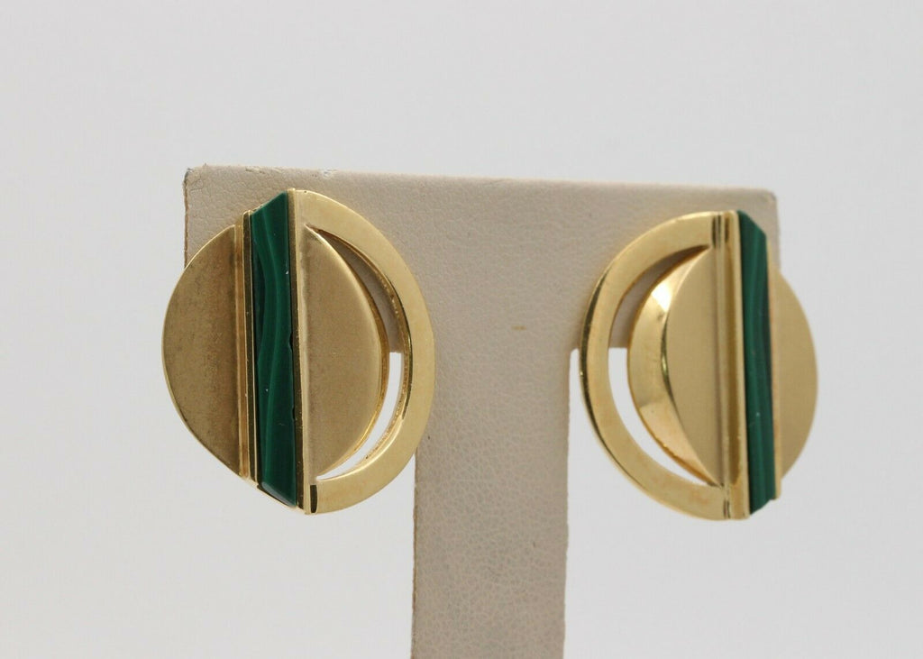 1970's 18K Yellow Gold Malachite Clip Earrings