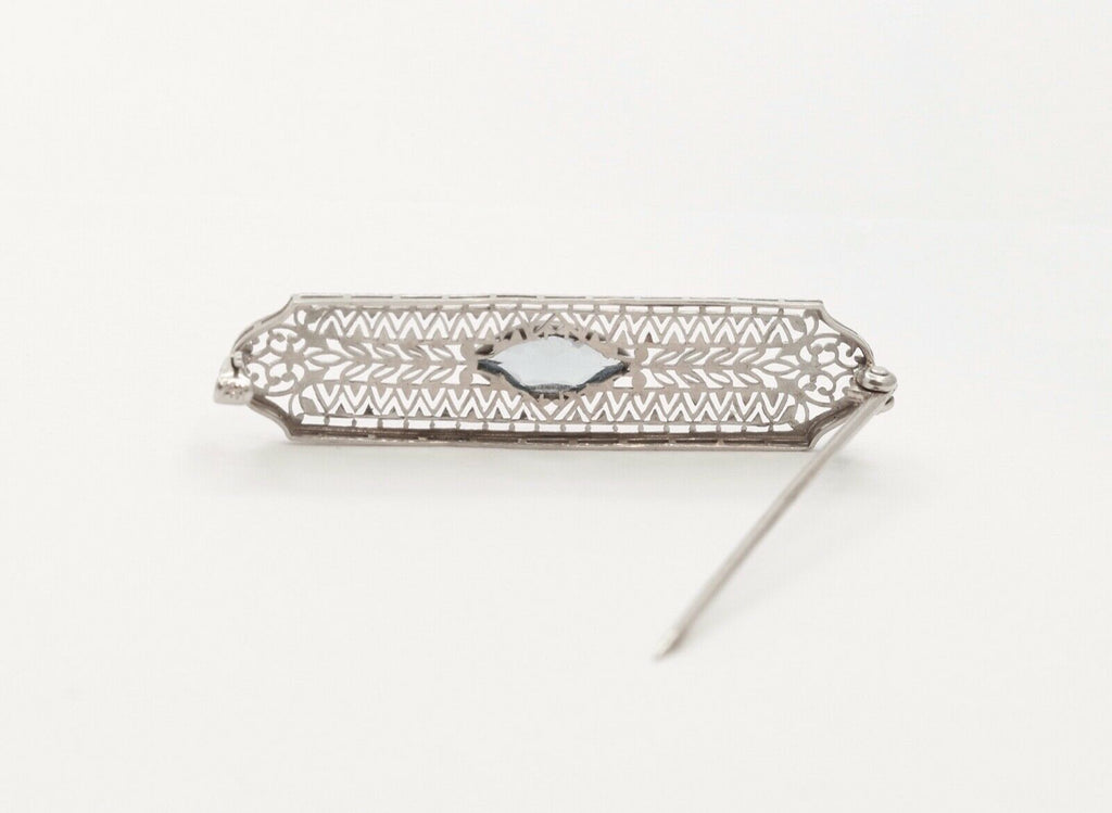 Art Deco Blue Sapphire 14K White Gold Filagree Bar Brooch Pin
