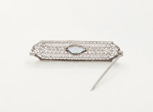 Load image into Gallery viewer, Art Deco Blue Sapphire 14K White Gold Filagree Bar Brooch Pin
