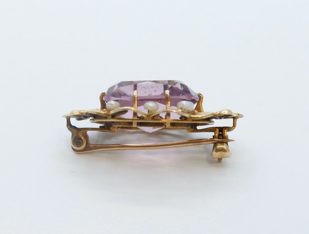 Art Nouveau Amethyst Seed Pearls 10K Yellow Gold Brooch Pin