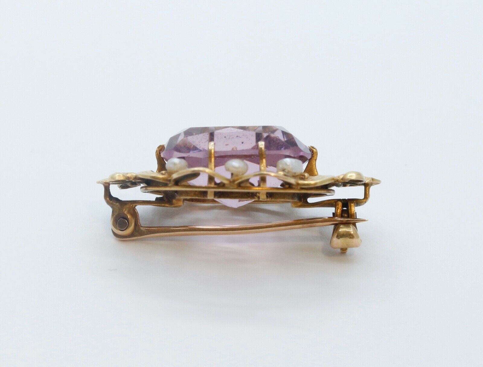 Art Nouveau Amethyst Seed Pearls 10K Yellow Gold Brooch Pin