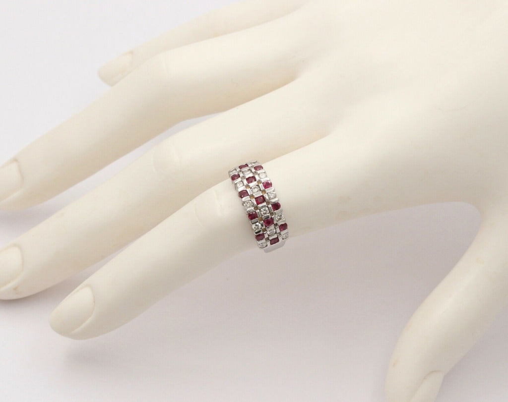 Vintage 14K White Gold Diamond & Ruby Checkerboard Ring Band