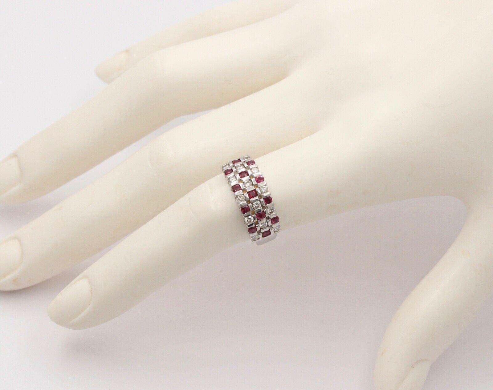 Vintage 14K White Gold Diamond & Ruby Checkerboard Ring Band