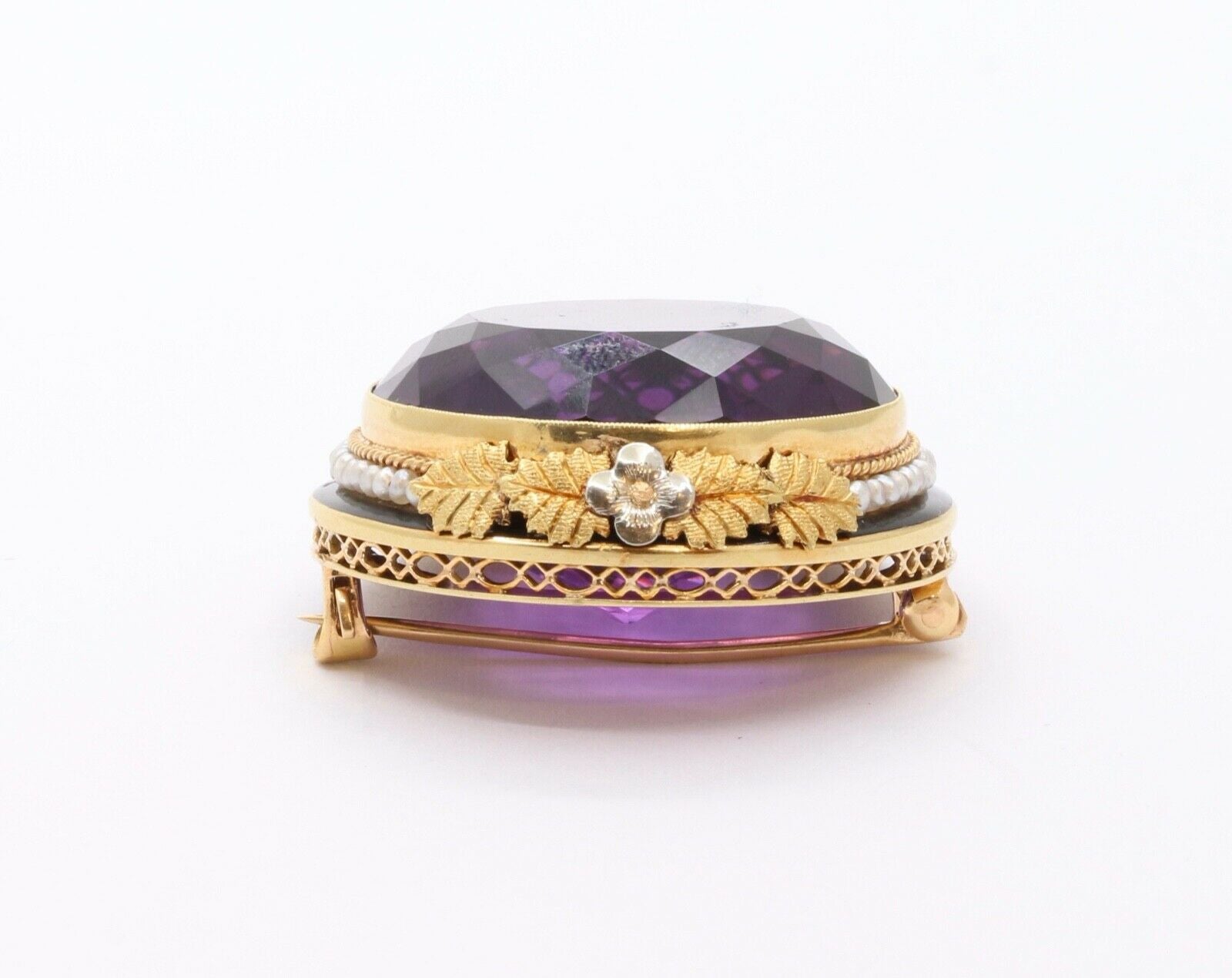 Victorian Edwardian Siberian Amethyst Pearls 14K Yellow White Gold Brooch Pin