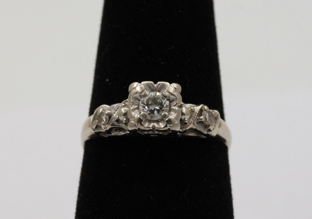Art Deco 14K White Gold Diamond Ring, Engagement Ring, Stacking Ring