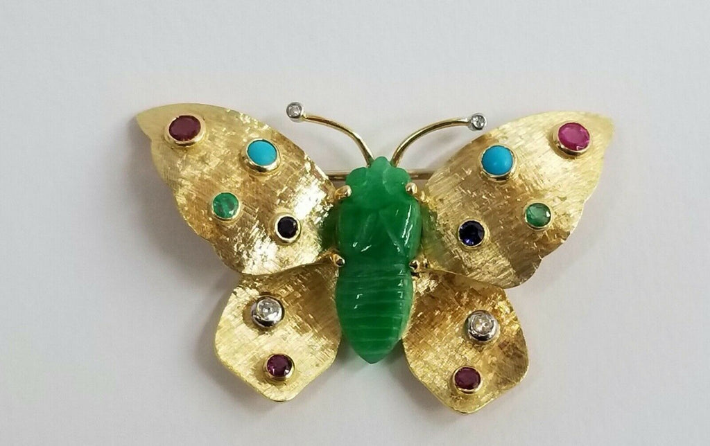 Vintage Jade Butterfly 18K Yellow Gold Multi Stone Brooch Pin